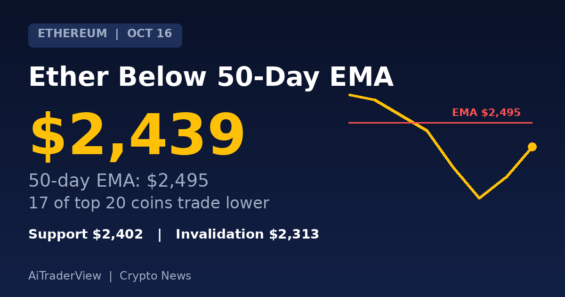 Ether Stays Below Its 50-Day EMA as 17 of the Top 20 Coins Trade Lower