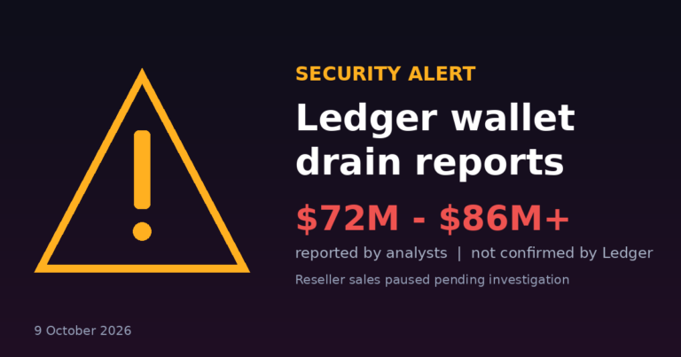 Security alert graphic: reported Ledger wallet drains, October 2026